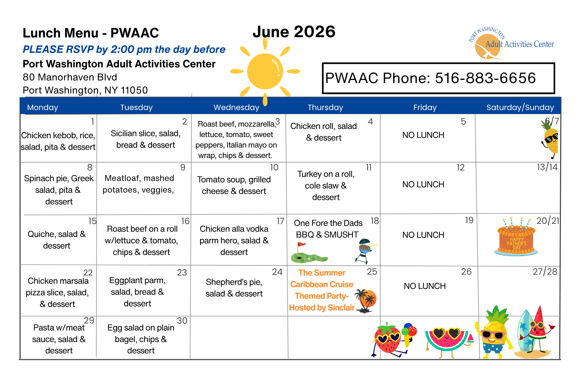 Lunch menu calendar for PWAAC with June 2026 dates and food items listed.