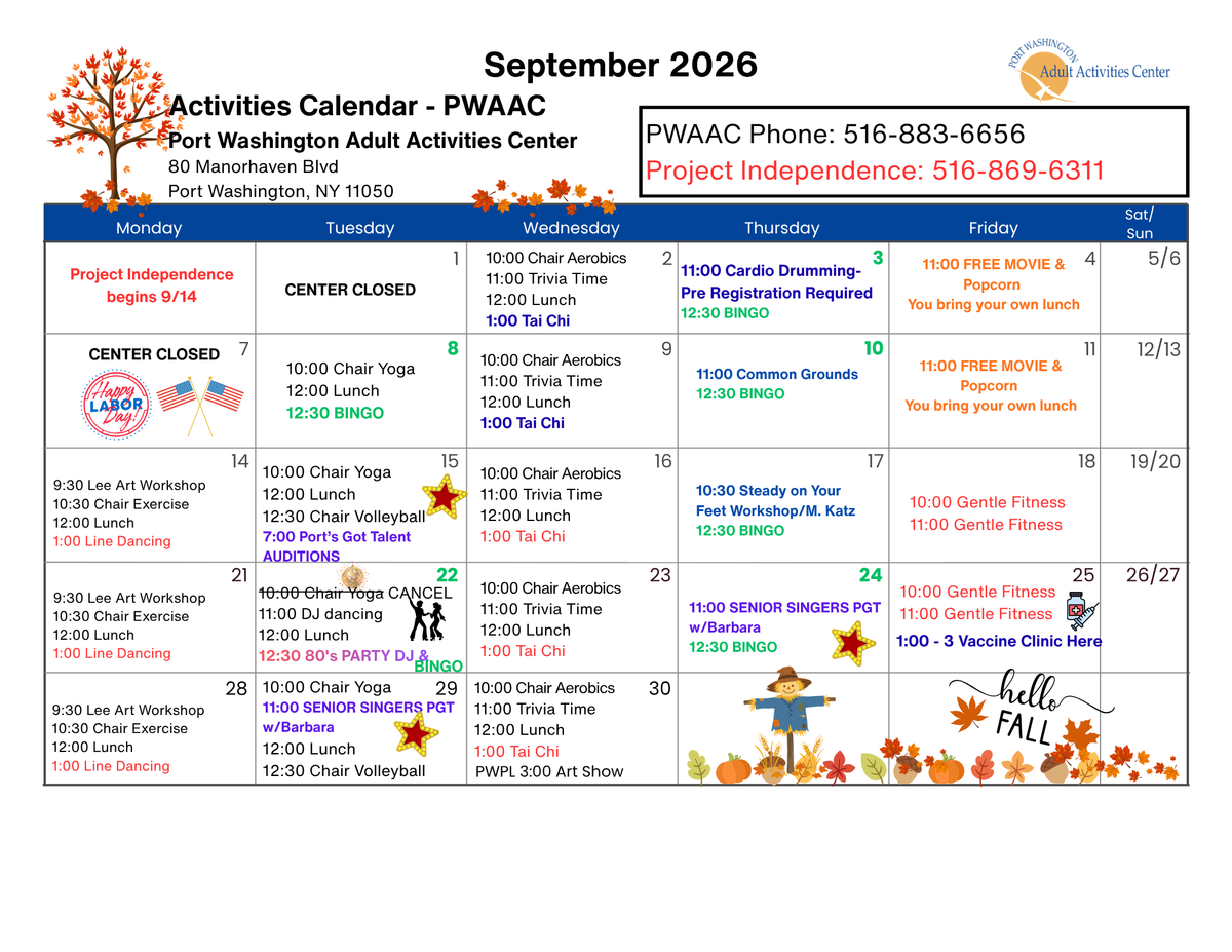 Port Washington Adult Activities Center September Activities 