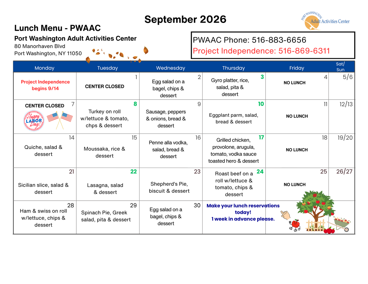 Port Washington Adult Activities Center September Lunch Menu